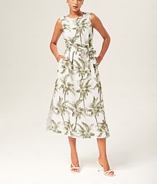 preiswerte -Damen Freizeitkleid Langes Kleid Maxikleid Grün Ärmellos Palme Sommer Rundhals Urlaub XS S M