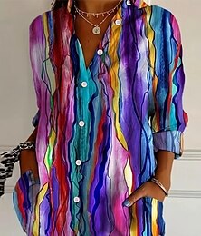 economico -Per donna Camicia Grafico Geometrico Plaid Casual Manica Lunga Colletto a Camicia Top Regolari Lavoro Quotidiano Bottoni Stampato Giallo Rosso Blu Viola Arcobaleno Estate Primavera Autunno