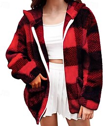 abordables -Mujer Chaqueta casual Chaqueta con capucha Mantiene abrigado Cómodo Cremallera Bolsillo Exterior Casual Plaid Vacaciones Calle Noche Cremallera Regular Con Capucha Ajuste regular Manga Larga Ropa de
