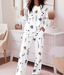 economico -Per donna Caldo Attivo Sport Tuta Set di Pantaloni Manica Lunga Girocollo Floreale Grafico Coulisse Stampato Sport all'Aperto Casuale Bianco Verde Autunno & Inverno Vestibilità comoda
