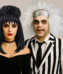 olcso -Beetlejuice 2 Lydia Deetz Cosplay Jelmez Parti Paróka Menyasszony Pihe Buns Göndör Nők Fekete Közepes Hosszúságú Egyenes Beetle Paróka Frufruval Karneváli Jelmez Kiegészítők Halloween Parókák