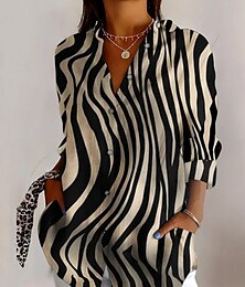 economico -Per donna Camicia Grafico Geometrico A righe Vintage Tropicale Quotidiano Manica Lunga Scollo a V Colletto a Camicia Top Regolari Lavoro Quotidiano Ferie Bottoni Stampato Verde primavera Nero Estate