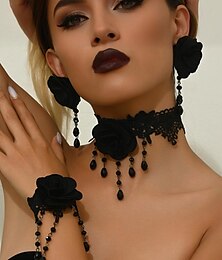 economico -Set di gioielli gotici da donna con rosa rossa, girocollo in pizzo, orecchini e bracciale, accessori vintage in stile vittoriano per feste di Halloween e moda gotica