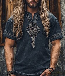 economico -Per uomo Camicia di lino Camicia Estiva Maglia Henley Camicia vintage Camicia a Maniche Corte Camicia etnica Boho Vacanza Streetwear Blu marino Manica Corta Scollo a V Estate Abbigliamento Etnico