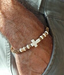 economico -Bracciale da uomo con perline in legno naturale e croce turchese – braccialetto elastico bohémien fatto a mano per abbigliamento casual, outfit estivi e atmosfera da spiaggia