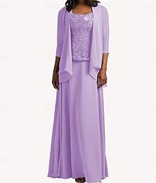 voordelige -Jurk pak Moeder van de bruid jurk Elegant Eenvoudig Ronde hals Tot de enkel Chiffon Lange mouw met Effen kleur 2025