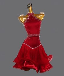 abordables -Robe de danse latine à pompons et strass pour femme, tenue de scène sans manches pour soirée, samba, chacha