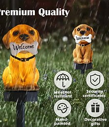 economico -Statua di cane da giardino a energia solare per cortile e giardino carino cucciolo benvenuto impermeabile arte da giardino per patio prato per Halloween