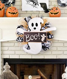 levne -Halloweenské věnce na dekoraci vchodových dveří do interiéru a exteriéru, dřevěný síťovaný věnec s strašidelnou panenkou Ghost Boo na dekoraci oken a stěn.