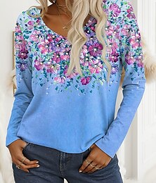 economico -Per donna Maglietta Floreale Grafico Piante Vintage Elegante Casual Manica Lunga Scollo a V Top Regolari Quotidiano Stampato Giallo Blu Viola Verde Primavera Autunno
