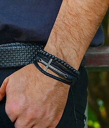 preiswerte -Gothic-Kreuz-Lederperlenarmband für Herren – mehrlagiges Vintage-Armband für Halloween-Partys und Retro-Punk-Stil