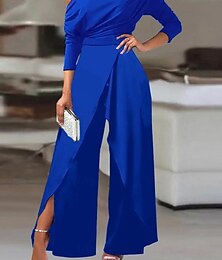 abordables -Mujer Normal Mono Elegante Color sólido Manga Larga Perneras anchas hombro frío Alta cintura Vacaciones Fiesta Ajuste regular Negro Blanco Azul Piscina Verano