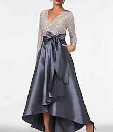 economico -Linea ad A Abiti da Cocktail Elegante Vestito Formale Matrimonio Asimmetrico Manica Lunga Scollo a V Tasca Raso con Fiocco/Fiocchi 2025