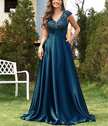 billige -A-linje Quinceanera kjoler elegant kjole formell bryllup gulvlengde uten ermer V-hals sateng med paljetter