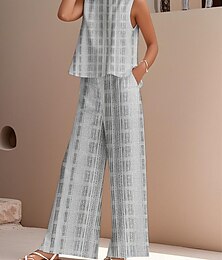 economico -Completo due pezzi elegante da donna, stile streetwear, con camicetta, gilet, pantaloni, senza maniche, girocollo, casual, da lavoro, a righe, con stampa, per le vacanze, quotidiano, blu grigio, azzurro, estivo, vestibilità regolare.
