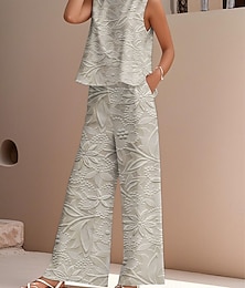 economico -Completo due pezzi elegante da donna, stile streetwear, con camicetta, gilet, pantaloni, senza maniche, girocollo, casual, da lavoro, per attività all'aperto, con stampa floreale, per le vacanze, quotidiano, rosa, blu, verde, estivo, vestibilità regolare.