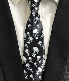 economico -Cravatta nera in raso con stampa teschio gotico da uomo – accessorio retrò per feste di Halloween per outfit ispirati al punk e al vintage