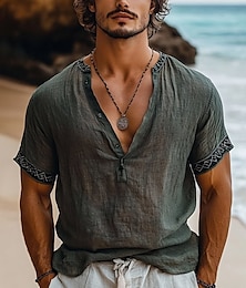 preiswerte -Herren T Shirt Henley Hemd T-Shirt Kurzarmshirt Kurzarm Henley Sommer Patchwork Stickerei Bohemien Vintage Lässig Knöpfe Urlaub Straße Alltagstauglich Armeegrün Top T-Shirt für Herren