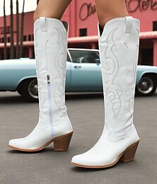 abordables -Botas vaqueras marrones hasta la rodilla para mujer: botas de montar de piel sintética bordadas, sin cordones y con tacones de bloque para conciertos de música country, ropa de rancho y conjuntos de