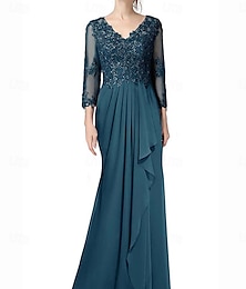 economico -Linea ad A Abito da cerimonia per signora Elegante Scollo a V Lunghezza al pavimento Chiffon Manica 3/4 con Pieghe 2025