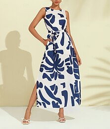 voordelige -Dames Casual jurk Losse jurk Zwart Wit Mouwloos Flora Botanisch Afdrukken Ruimvallend Lente zomer Ronde Casual / Dagelijks Casual Vakantie S M L