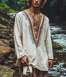 preiswerte -Herren Leinenhemd Sommerhemd Vintage-Shirt Ethno-Hemd Langarmshirt Boho Urlaub Straße Weiß Langarm Stürzen Sommer Frühling Bekleidung Ethnisch & Religiös