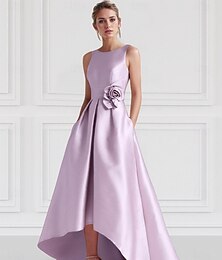 economico -Abiti Cocktail A-Line da Spiaggia Abito Elegante Ospite di Matrimonio Formale Lunghezza A Terra Senza Maniche Collo a Barchetta Abito Rosa Satin con Tasche Abiti