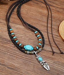 abordables -Collar vintage con colgante de plumas y cuentas turquesas para hombre: joyería de cuerda de cuero estilo tribal para festivales, viajes y uso diario.