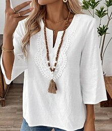 abordables -Mujer Camisa de encaje Color sólido Elegante Casual Manga 3/4 Escote en Pico Tops regulares Diario Encaje Retazos Blanco Rojo Azul Piscina Dorado Verano Primavera