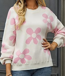abordables -Femmes Pull Occasionnel Doux Fleuri Côtelé Col ras du cou Tricoté Imprimé manche longue Hauts Réguliers Tricoter Extérieur Quotidien Fête Rose Claire Fuchsia Automne Hiver
