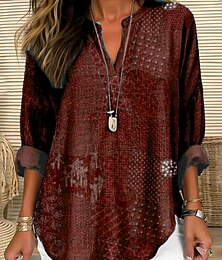 abordables -Mujer Blusa Graphic Geométrico Cachemir Vintage Diario Elegante Manga Larga Escote en Pico Cuello con muescas. Tops regulares Diario Festivos Ropa de resort Estampado Granate Azul Marino Marrón