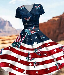 ieftine -Rochie midi patriotică pentru femei rochie fit and flare rochie de petrecere casual tipică pentru zi și vacanță grafic steag stele și dungi mânecă scurtă guler în V albastru regal albastru închis