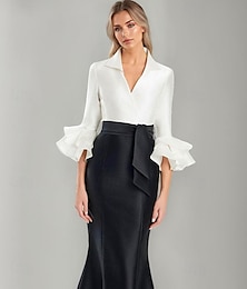 abordables -Vestido Formal Blanco y Negro Vestido de Noche de Sirena  Trompeta Elegante Vestido Formal de Boda Largo con Mangas Cortas Cuello de Camisa de Satén Elástico con Volantes
