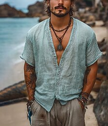 economico -Per uomo Camicia Camicia di lino Camicia casual Camicia con Bottoni Camicia di cotone Semplice Vacanza Camicia hawaiana Azzurro Manica Corta Scollo a V Estate Primavera Abbigliamento Etnico