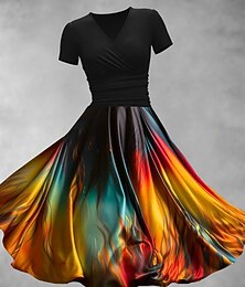 levne -Dámské Midi šaty Áčkové šaty Letní šaty Fit A Flare šaty Večírek Na běžné nošení Denní Dovolená Běžný Grafika Barevné bloky Abstraktní Krátký rukáv Do V Černá Oranžová Duhová Léto