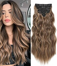 رخيصةأون -وصلات شعر صناعية طويلة ومموجة للنساء، 6 قطع، وصلات شعر صناعية سميكة بطول 16 بوصة