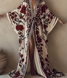 preiswerte -Damen Langes Kleid Maxikleid Boho Kleid Urlaub Freizeitkleid Swing Kleid Mode Modern Alltag Urlaub Strand Regular Fit Blumen Langarm V-Ausschnitt Weinrot Marineblau Apricot Sommer Frühling