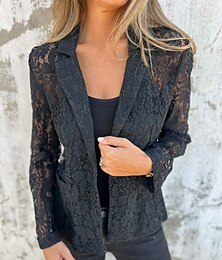 abordables -Mujer chaqueta Transpirable Cómodo Encaje Retazos Casual Plano Oficina Calle Casual Ropa Cotidiana Frente Abierto Regular Cuello Vuelto Ajuste regular Manga Larga Ropa de calle Negro Blanco Verano