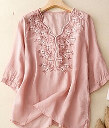 economico -Per donna Camicie di cotone e lino Tinta unica Elegante Essenziale Casual Manica 3/4 Scollo a V Top Regolari Quotidiano Ricamato Verde chiaro Rosa Viola Cachi Estate