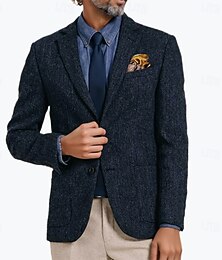 abordables -Hombre Blazer de tweed Cuello de muesca Retro Antiguo Clásico Espiga Blazer Azul Oscuro Estándar Dos botones de un solo pecho