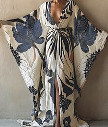 levne -Dámské dlouhé šaty maxi šaty boho šaty ležérní šaty swingové šaty prázdninové šaty módní moderní denní prázdninové plážové šaty regular střih květinový vzor s dlouhým rukávem výstřih do V vínově červená tmavě modrá královská modrá léto jaro