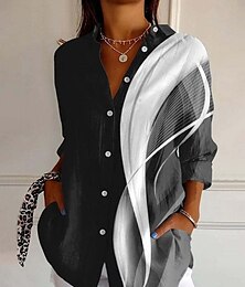 economico -Per donna Camicia Geometrico Attivo Quotidiano Elegante Manica Lunga Colletto a Camicia Top Regolari Quotidiano Ferie Bottoni Stampato Nero Bianco Primavera Autunno