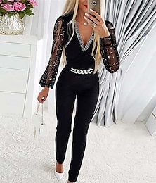 economico -Per donna Normale Tuta Attivo Tinta unica Manica Lunga Scollo a V Rete Patchwork Vacanza Streetwear Vestibilità regolare Nero Estate