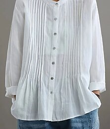 economico -camicetta da donna in cotone e lino tinta unita elegante casual manica lunga collo alto top normale quotidiano festa bottoni nero bianco giallo rosso blu estate autunno