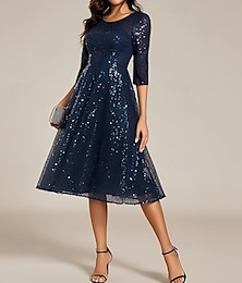economico -Abiti da Sposa Ospiti A-Line Abito Elegante per Ospiti di Matrimonio Ritorno a Casa Lunghezza Ginocchio Maniche a Mezza Lunghezza Scollatura Rotonda Paillettes con Pieghe Paillettes