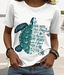 abordables -Mujer Camiseta Graphic Animal Tortuga marina Vintage Elegante Clásico Manga Corta Cuello Barco Escote Redondo Tops regulares Diario Fin de semana Estampado Blanco Verano Primavera