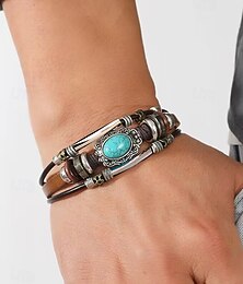 economico -Bracciale da uomo in pelle turchese con teschio e dettagli in metallo, stile bohémien western, perfetto per l'uso casual e quotidiano