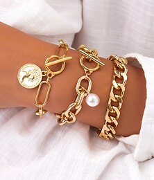 economico -Set di bracciale da donna con catena in oro e perle, gioielli alla moda con chiusura a levetta, elegante stile a strati per ragazze e donne, ideale per feste, matrimoni, ufficio e uso quotidiano