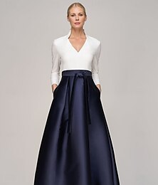 preiswerte -schwarz-weißes A-Linien-Abendkleid, elegantes Kleid für formelle Hochzeitsgäste, bodenlang, lange Ärmel, V-Ausschnitt, Tasche, Satin mit Schleife(n), 2025