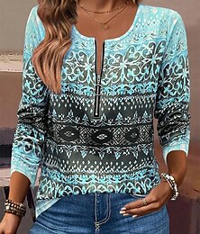 economico -Per donna Maglietta Ombre Gradiente di Colore Elegante Moderno Casual Manica Lunga Scollo a V Top Regolari Quotidiano Weekend Cerniera Stampato Rosa Blu Estate Primavera